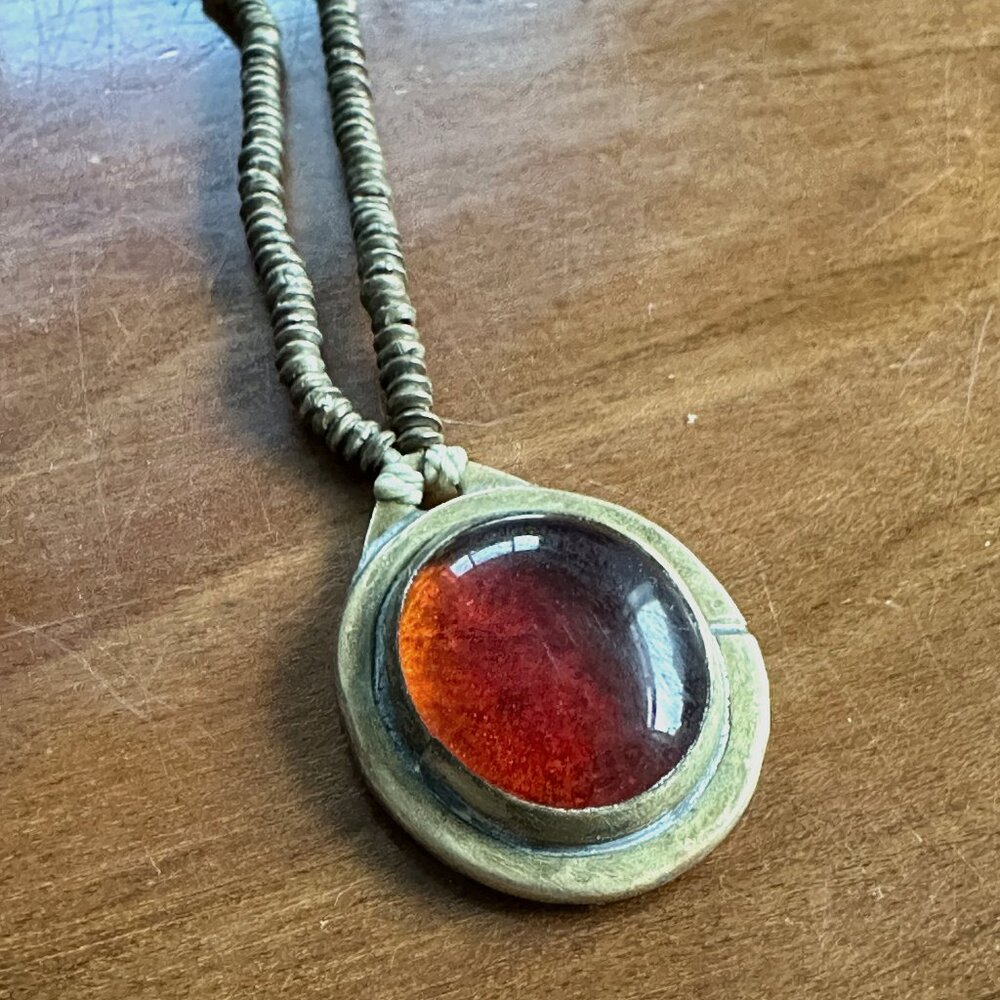 Vintage Brass Rafael Alfandary necklace (signed) with amber pendant